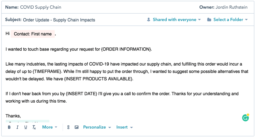 Email Template Example - COVID Supply Chain