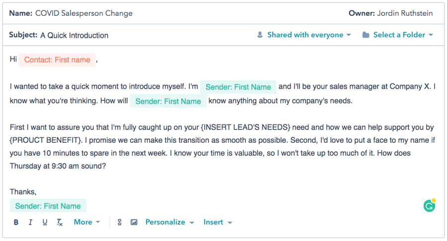 Email Template Example - COVID Team Member Change