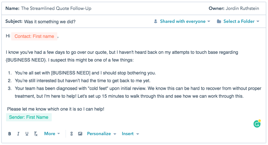 Email Template Example - Streamlined Quote Follow-Up