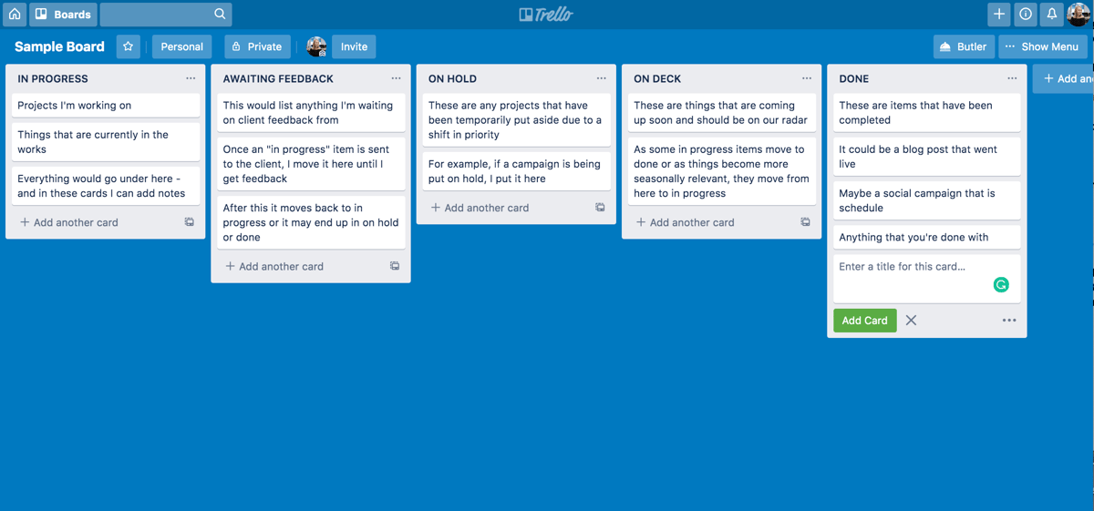 Sample Trello Board: free tool for new marketing managers