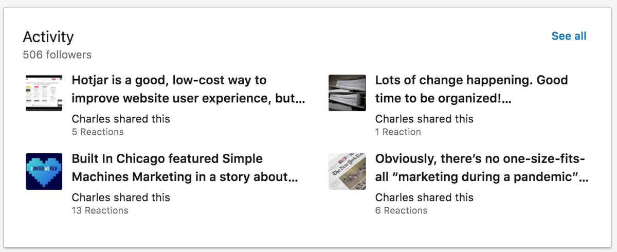 LinkedIn Activity Profile Section View